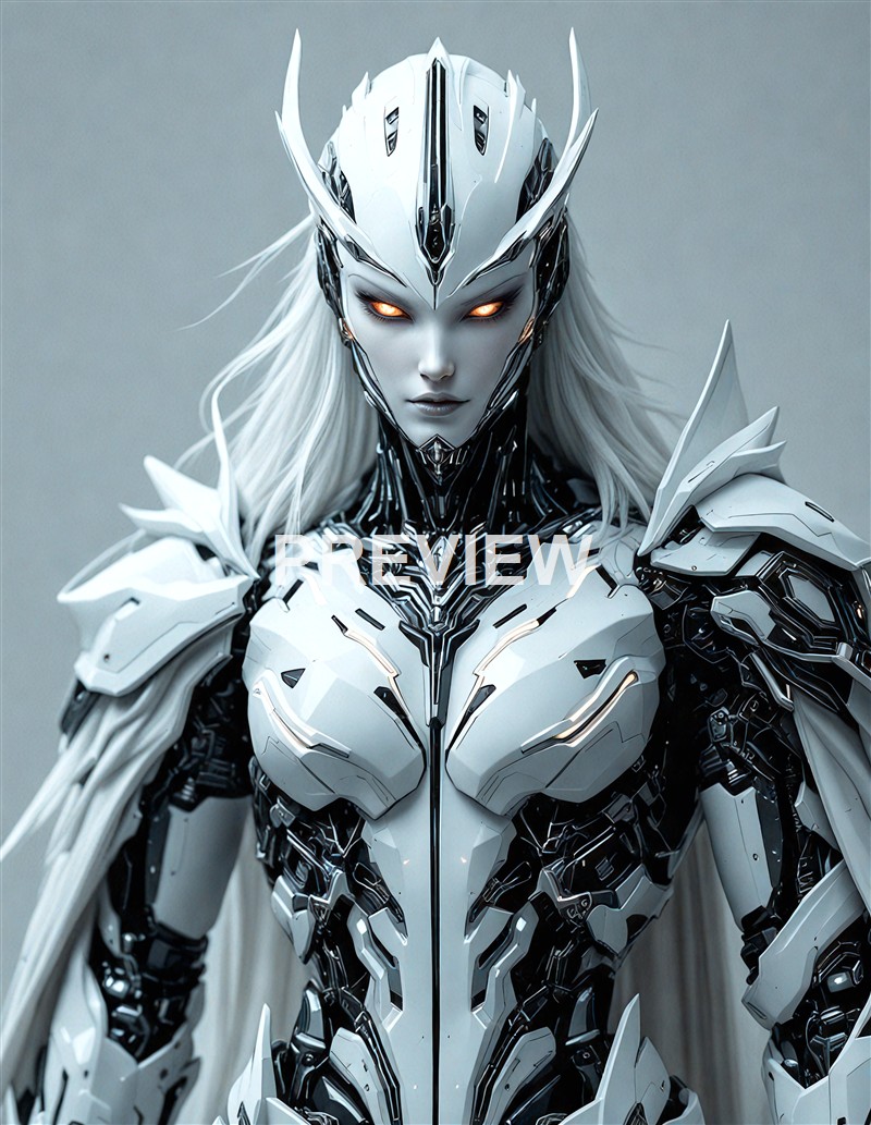 A highly detailed, futuristic female cyborg with glowing orange eyes, clad in sleek, metallic armor that blends organic and mechanical elements, with long white hair and a serious expression.
